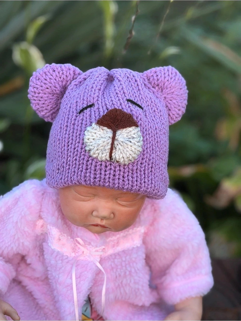 Handmade Purple Bear Baby Beanie – Knit Bear Hat – 3–12 Month Baby Hat